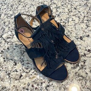 Lucky Brand Navy Suede Fringe Block Heel Sandals